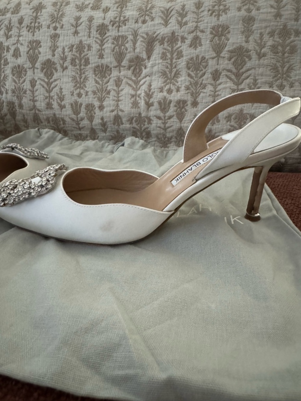 Manolo Blahnik White Satin Crystal-Embellished Slingback Pumps - Picture 10 of 13